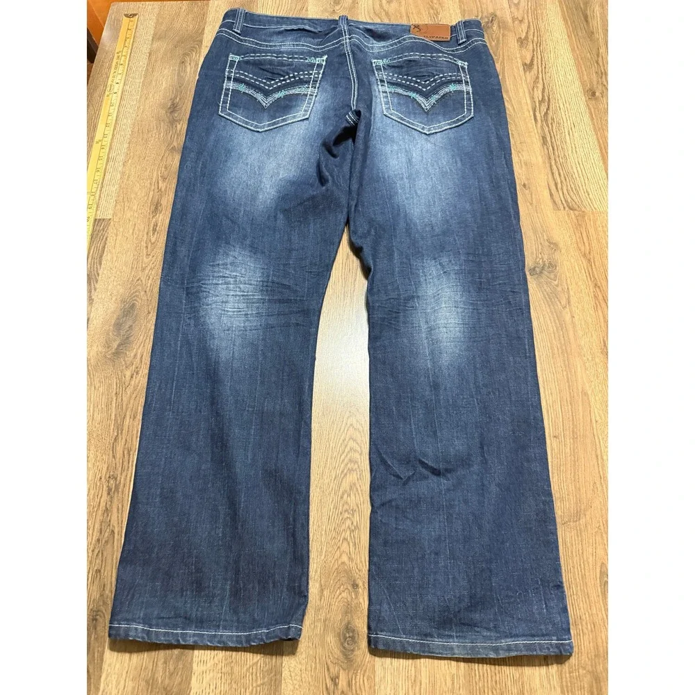 Flypaper Jeans Mens Size 38 Blue Denim Contrast Stitch Whiskering Straight Leg